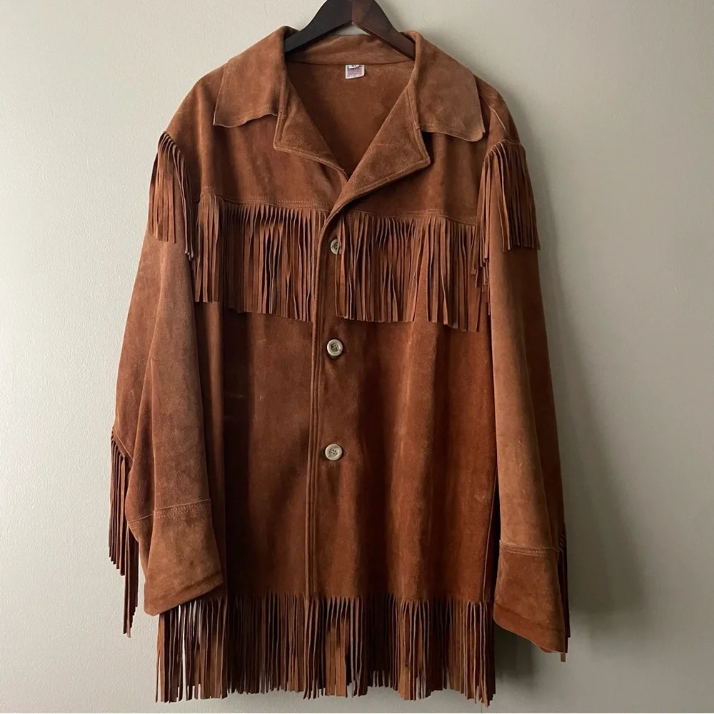 Leather Suede Fringe Jacket XL Western VTG DeerWear Made in USA Bohemian - Picture 1 of 10